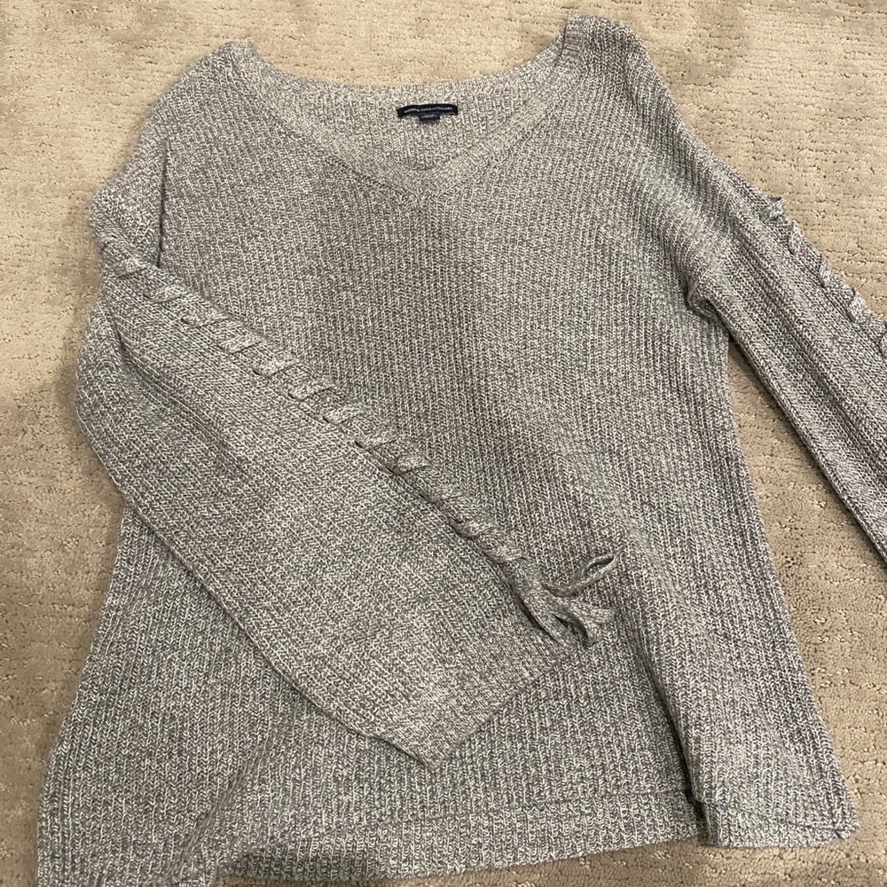 American Eagle Grey Lace Up Sleeves Sweater